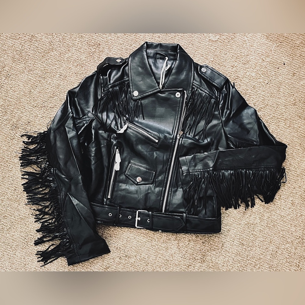 Black PU Leather Fringe Moto Jacket Asymmetric Zip Tassel Trim Belted Crop Coat